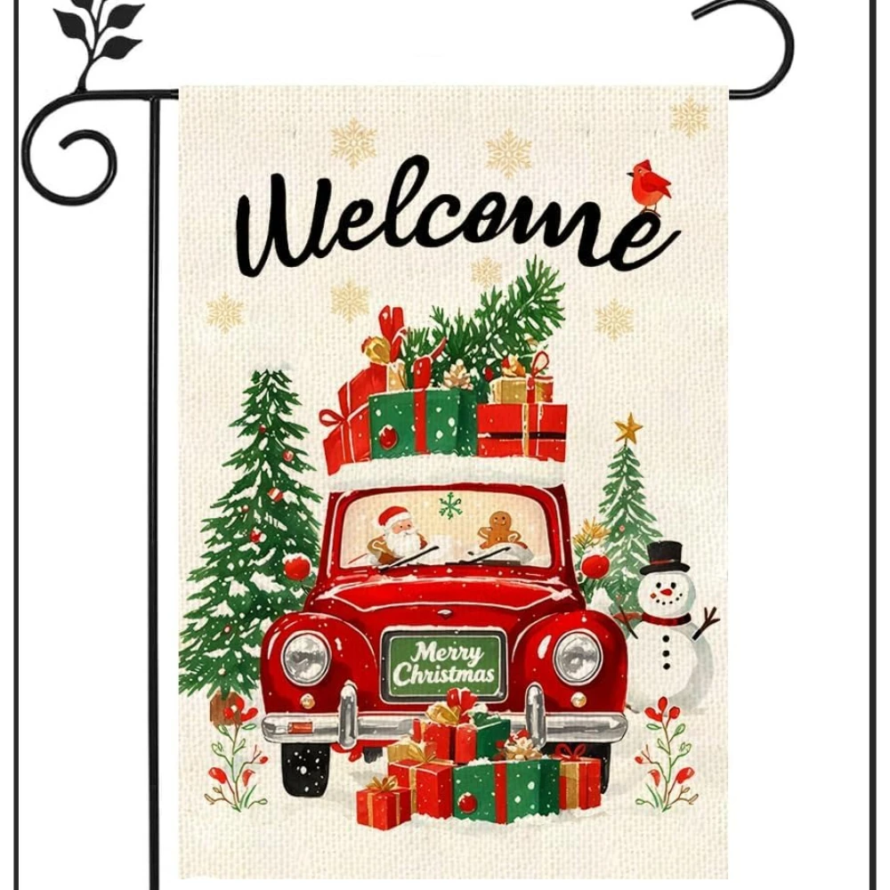 Christmas Garden Flag 12x18inch Outside Welcome Red Truck Rustic Winter Vertical Double Sided With Tree And Gifts snowman