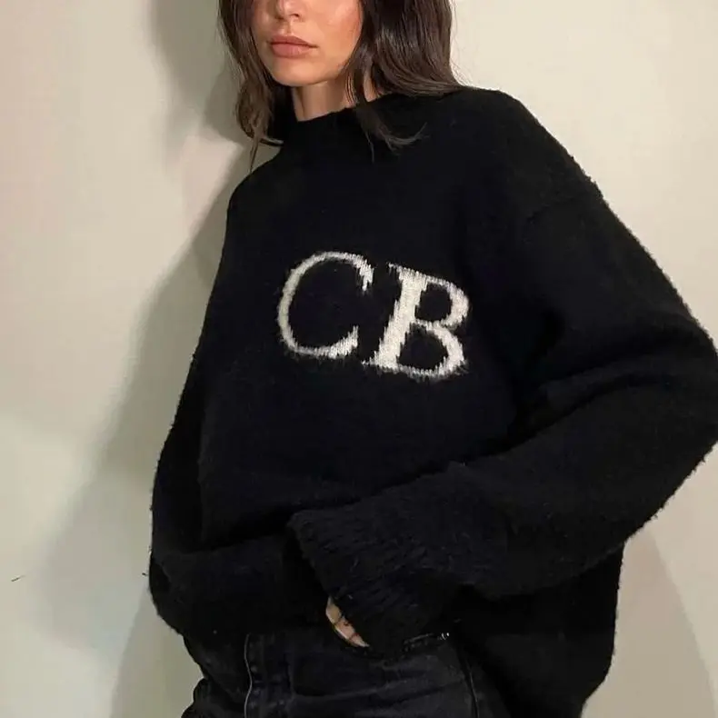 

Американский Sle Cole Buxton CB Letter Ретро вязаный свободный круглый свитер Ne для пары Повседневная дышащая толстовка из органического хлопка