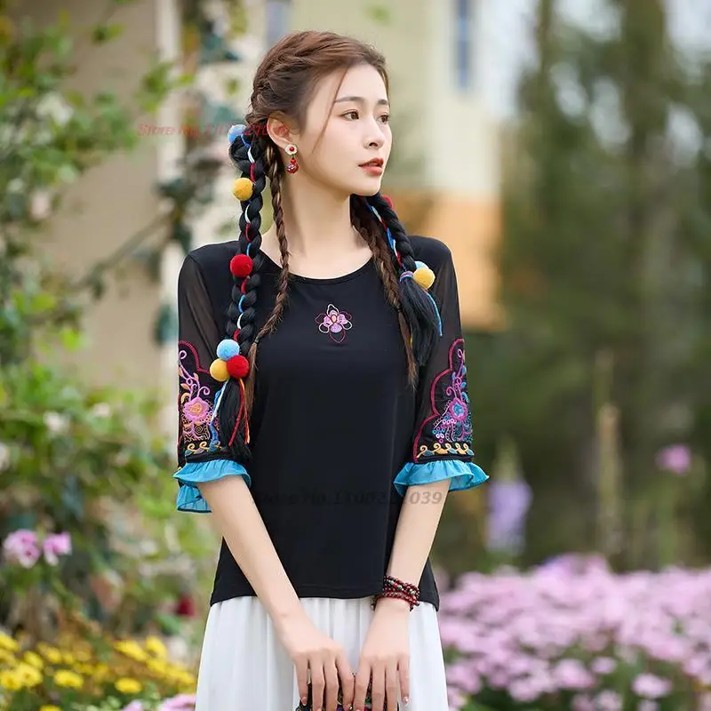 Camisa con cuello redondo y bordado de flores nacionales chinas para mujer, camisa harajuku étnica vintage, traje tang oriental, camisa base retro, 2024