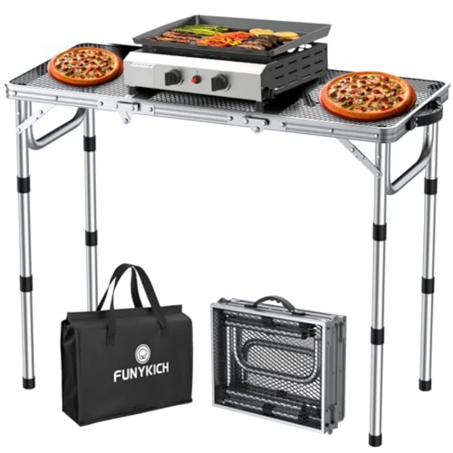 

Outdoor folding grill table for camping, picnic, BBQ; aluminum; silver; lightweight, 3-height adjustable, portable with carry h