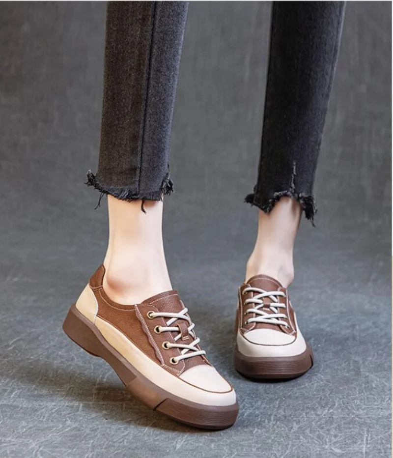 

2025 новые модные женские туфли на плоской подошве, весенне-осенние разноцветные повседневные туфли из натуральной коровьей кожи на шнуровке, большой размер 35-43