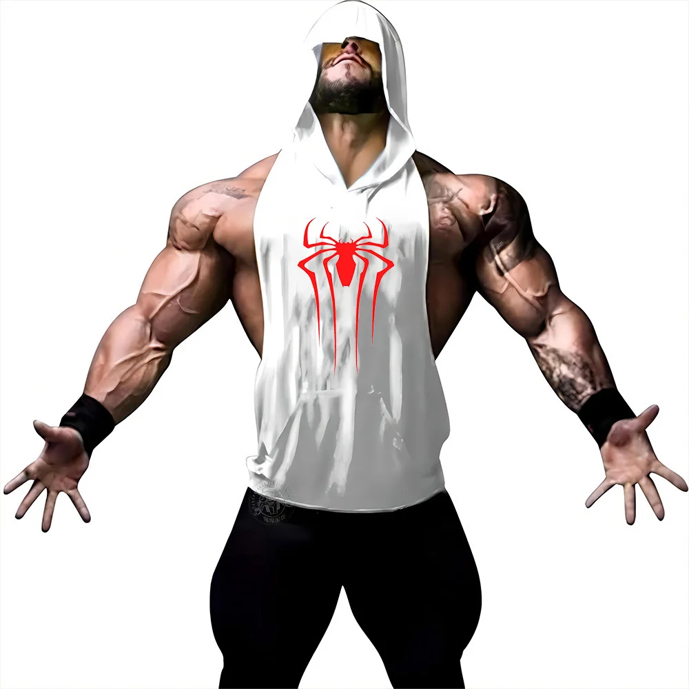 Summer Outdoor Fitness Hooded Vest 2D spider print Tops Clothing Gym sleeveless hooded vest Tops Men\'s casual quick-dry