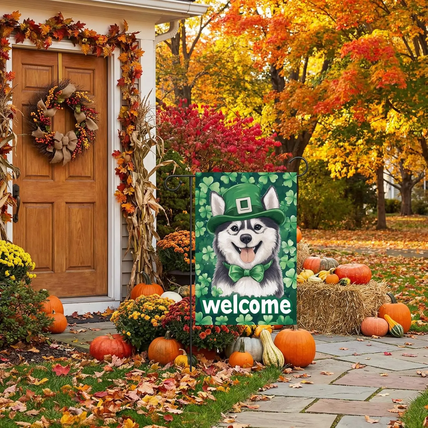 Husky Garden Flag Happy St. Patrick's Day 12x18-Inch Double-Sided Outdoor Yard Anniversary Welcome Lucky Festival Dog Fl FFL IIC