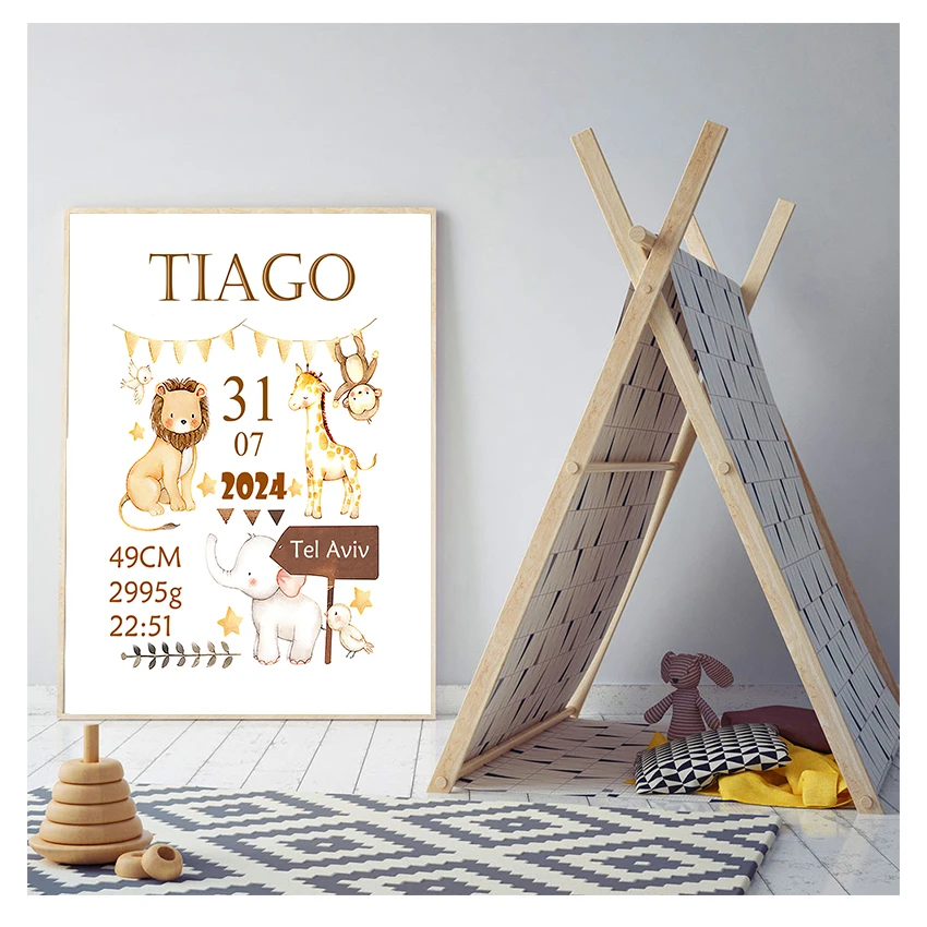 Póster Artístico para guardería, lienzo impreso de animales, cuadro de pared, decoración nórdica para dormitorio de niño y niño, personalizado, nacimiento del bebé