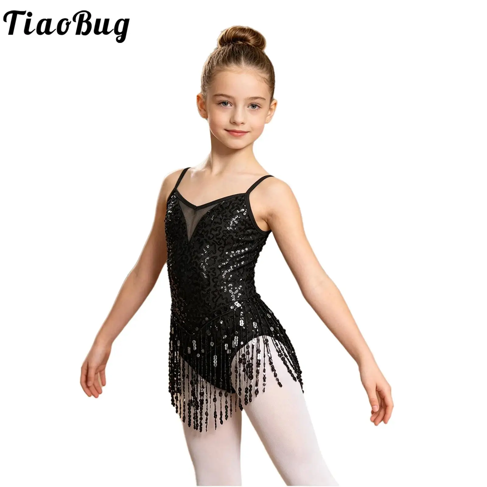 Kids Girls Tassels Latin Jazz Dance Dress Tango Samba Rumba Costume Sleeveless Shiny Sequins Fringed Ballet Gymnastics Leotards