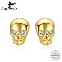 TrustDavis Real 925 Sterling Silver Gold SKull Head Skeleton CZ Screw Stud Earrings For Women Men Hip Hop Gift Jewelry DA3188