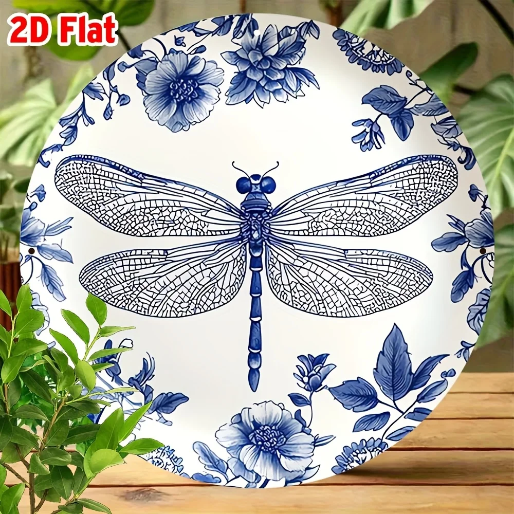 2D Flat, [2D Flat] 1pc Round Room Decor Blue and White Porcelain Dragonfly Plate Design Aluminum Sign - 8x8inch Floral Wreath Me view 2