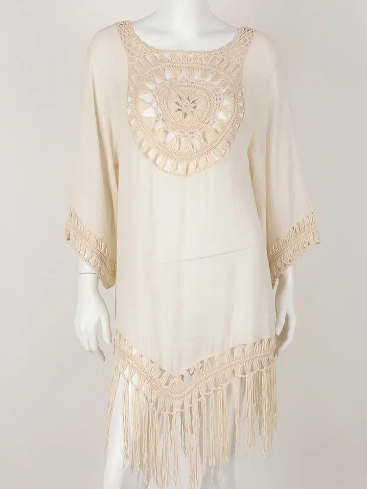 Nuevo sólido ahueca hacia fuera el Bikini cubrir las mujeres playa encubrimientos de manga larga borla Vestido de playa novedad de verano moda femenina ropa de playa