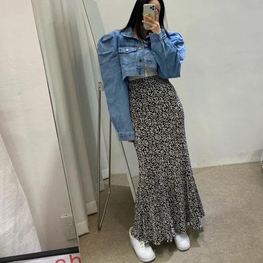 Blumendruck Chiffon f-Länge Rock Damen Faionable Vintage Elastic Waist Vielseitiger drapierter Wraparound-Fi-Schwanzrock