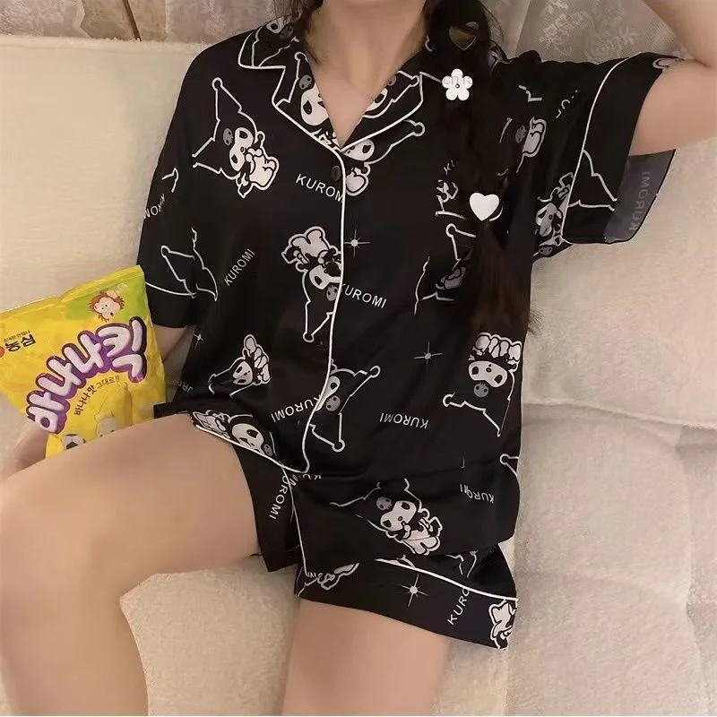 Sanrio Kuromi Pajamas Women\'s Summer Short Sleeve Shorts Cute Cartoon Japanese Anime Pattern Home Clothes Y2k Female Sleepwear