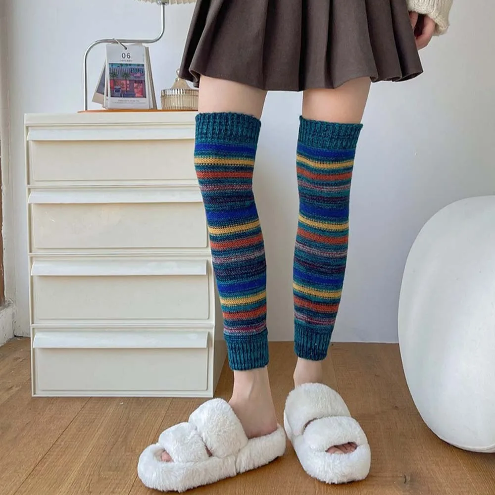 Y2K Wool Women Leg Warmers Knee Pads Coarse Knit Leg Warm Socks Stripe JK Uniform Knee Cover Autumn and Winter