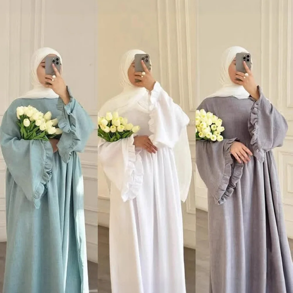 

2025 New Muslim Women Flare Sleeve Long Dress Dubai Abaya Turkey Kaftan Kebaya Prayer Clothes Islam Jalabiya Caftan Femme Robe