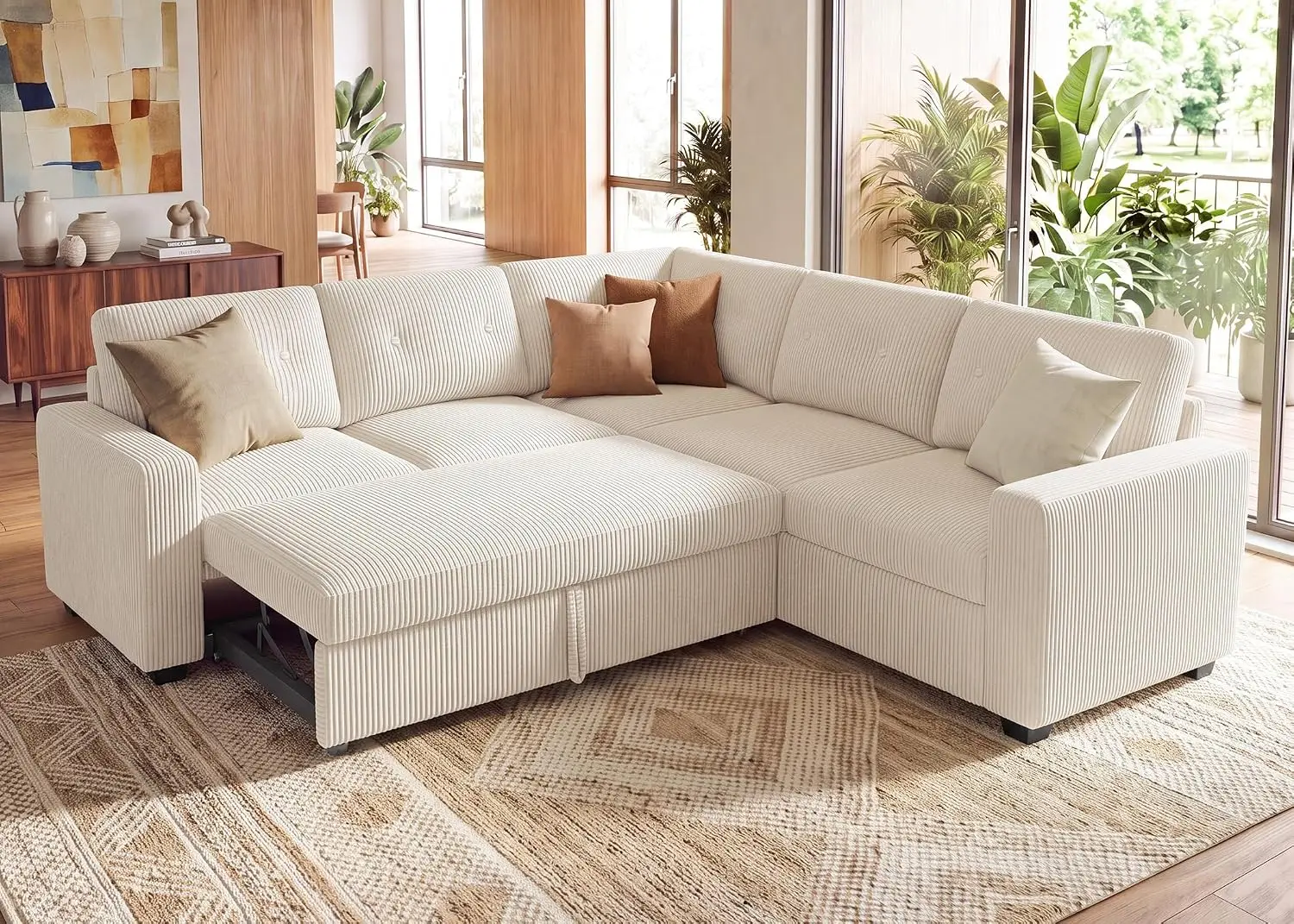 Corduroy Sectional Sleeper Sofa with Pull Out Bed, 5 Seaters 83.4 Inch Setional Couch for Living Room Apartment,, Customized