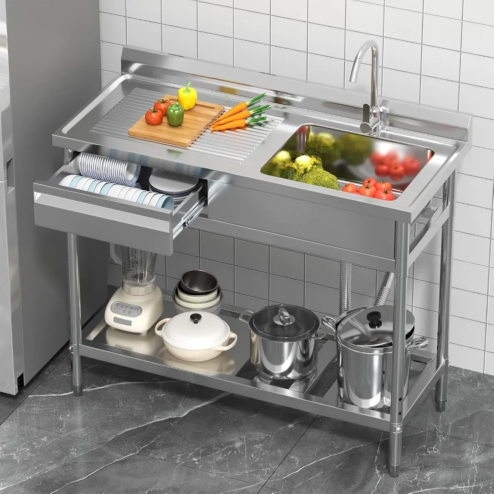 

Универсальная раковина из нержавеющей стали 47 дюймов с левой сливной платой, отдельно стоящая раковина для стирки со смесителем для горячей и холодной воды, матовая отделка 304, одинарная