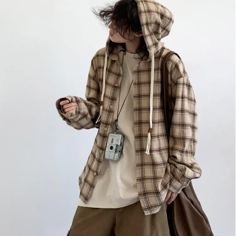 Jiwuus Spring and Autumn Japan fashion Retro Hood Plaid Shirts Boys and Girls Loose Preppy Long sleeve Shirt Outerwear