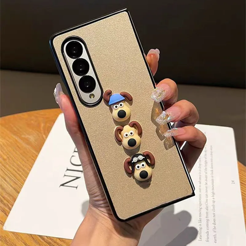 Voor Samsung Galaxy Z Fold 5 Z Fold4 Fold4 Zfold3 Zfold 2 Cartoon Hond Goud Lederen Beschermhoes Telefoonhoes