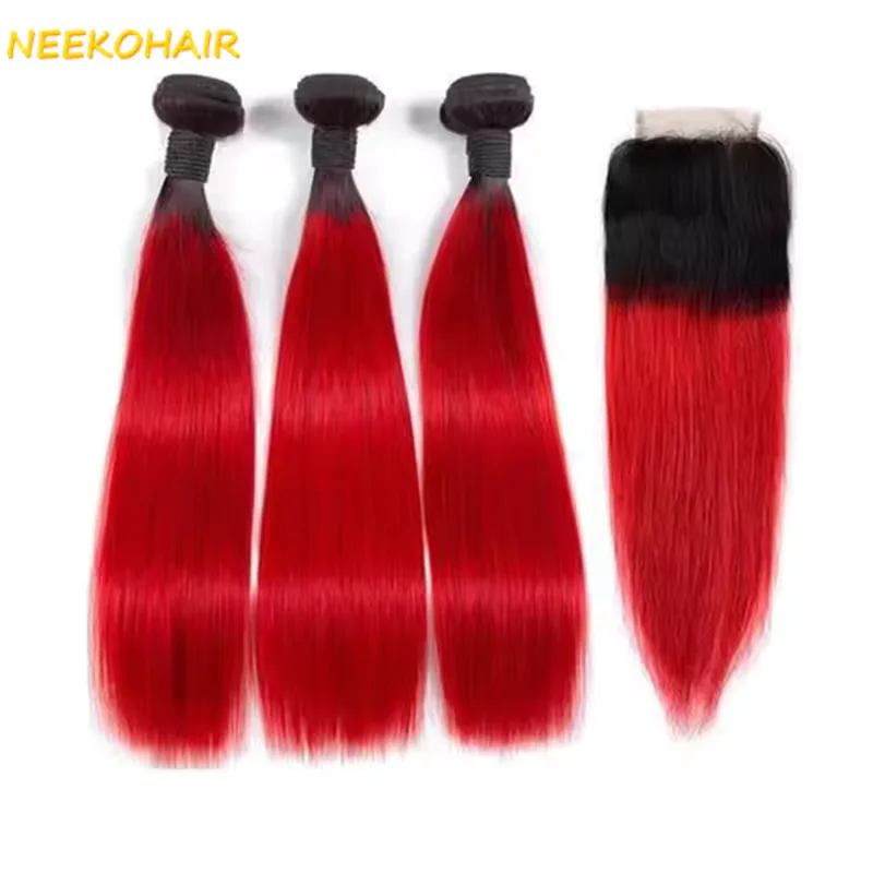 أومبير 1B/أحمر اللون 3 حزم مع إغلاق 4x4 نسج مستقيم ريمي 100% شعر بشري برازيلي 1B/أحمر 3 حزم مع أمامي 13x4