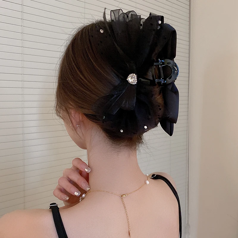 Sweet Mesh Tulle Tassels Big Bow Hair Claw Clips for Women Elegant Black Bowknot Ponytail Clip Hair Clamp Headdress Accessories