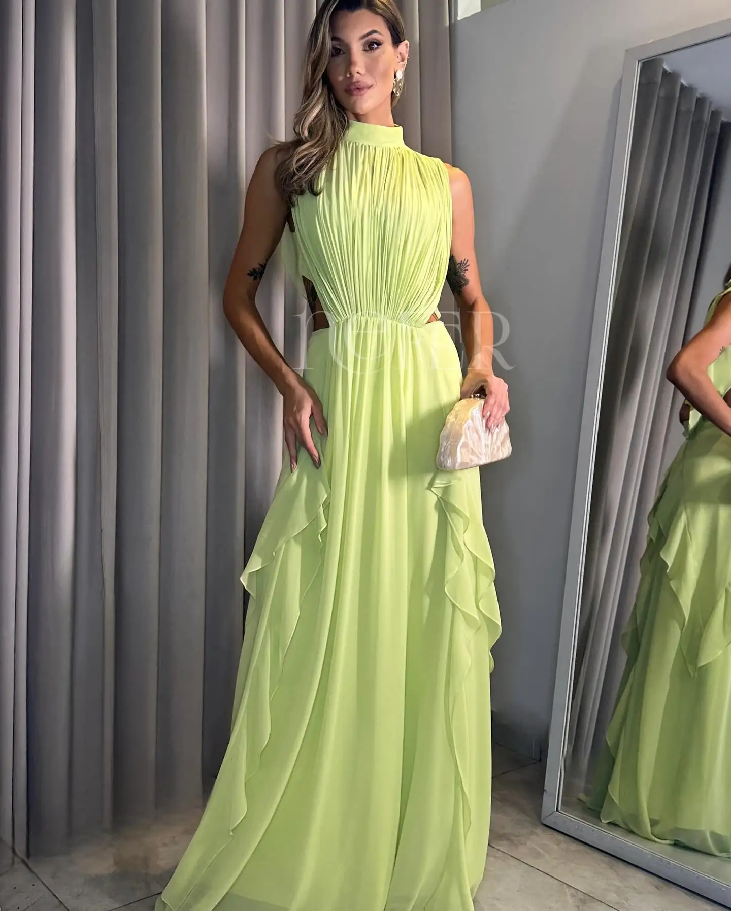 

Индивидуальные темпераментные шифоновые вечерние платья с высоким воротником, элегантные прямые платья знаменитостей длиной до пола, Vestido De Noche