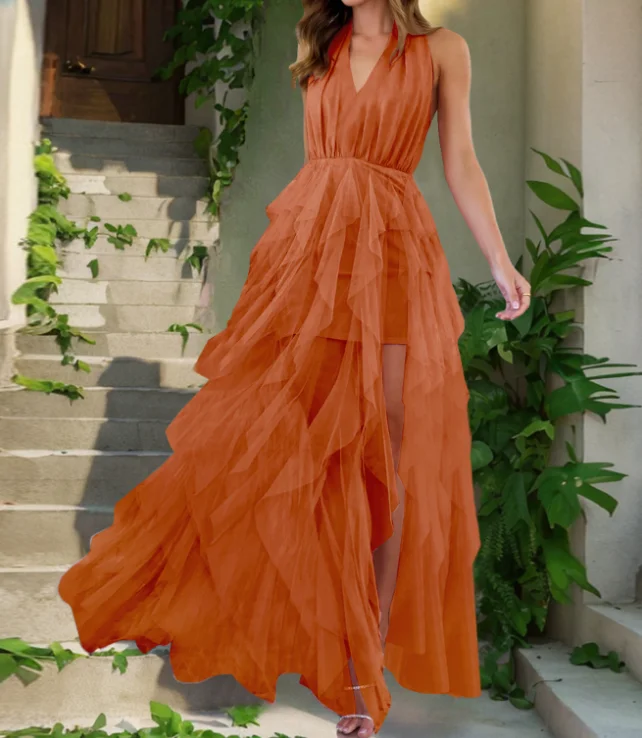 

Sexy V-Neck Lace Up Irregular Mesh Dress Solid Color Slim Fit High Waist Ruffle Decoration High Slit Hanging Neck Lace Up Dress