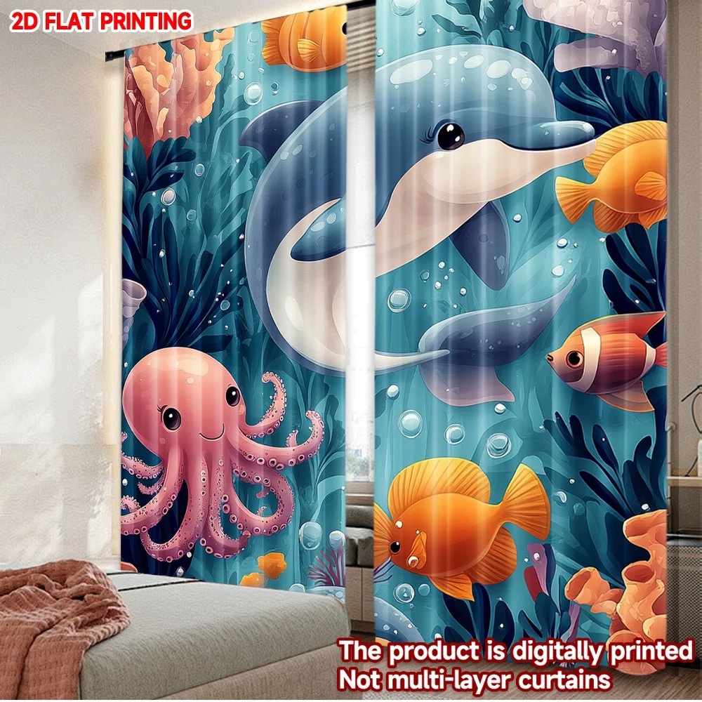 

2D flat printing 2pcs Curtain Curtain Playful Ocean Creatures Digital Printed Polyester Drapes Festive Curtains Perfect for