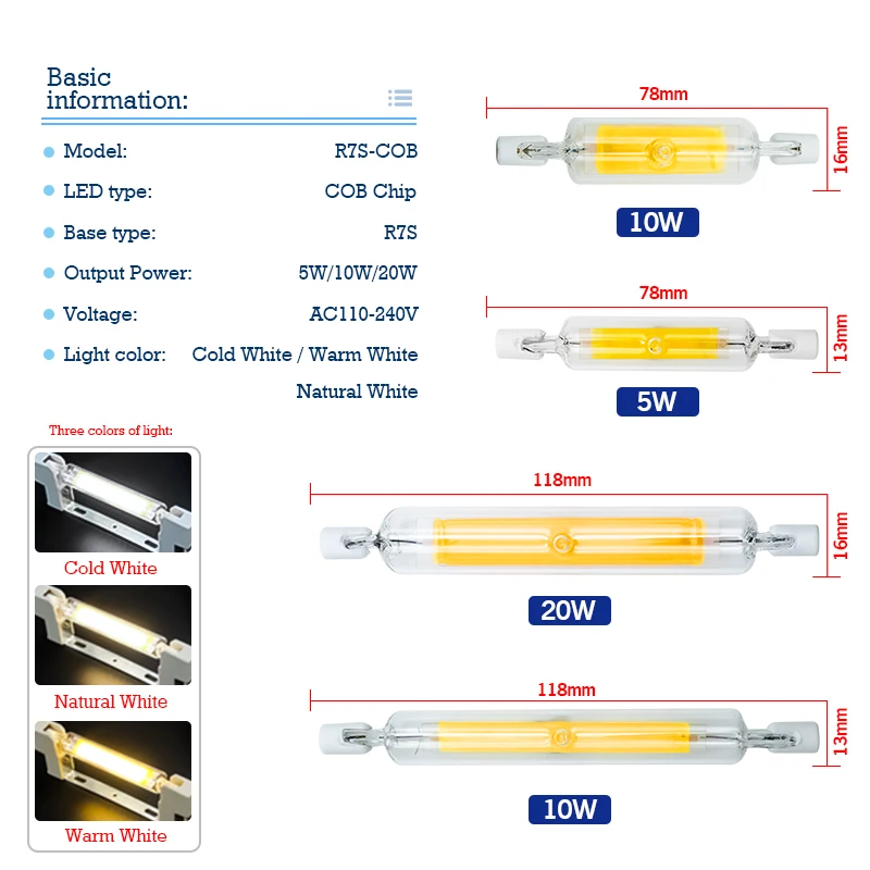 LED R7s COB Glass Tube 5W 10W 20W Lampada Led Lamp 78mm 118mm J78 J118 Corn Light Bulb AC 220V 110V Home Replace Halogen Lamp