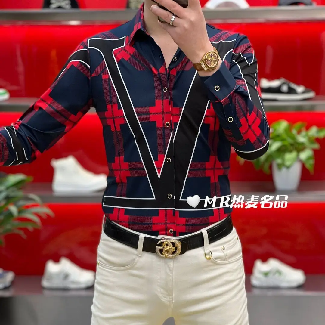 Summer and Spring Melad Checkered Printed Trendy Fashion Men's Versatile Elastic Slimming Shirt