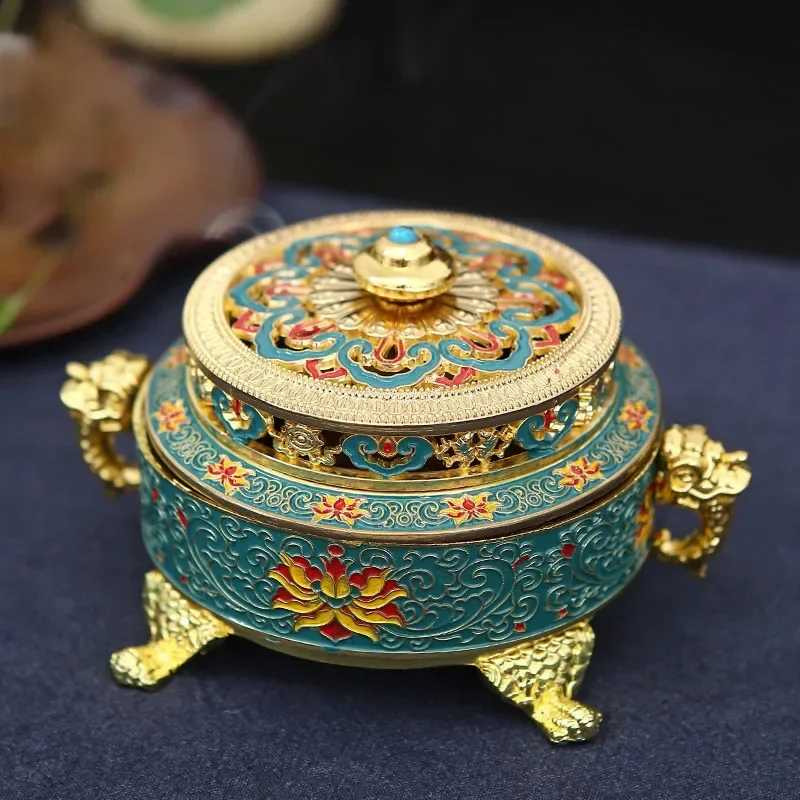 

Four-legged metal cloisonne enamel retro incense burner home sandalwood agarwood incense tray creative tea ceremony ornaments