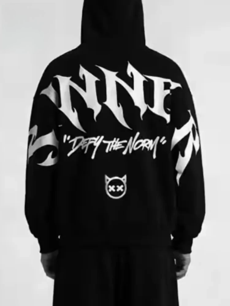 Mens Gothic Sinner Letter Print Reflective Hoodie Streetwear Unisex Hooded Sweatshirt Y2K Punk Hip Hop Loose Pullover Top New