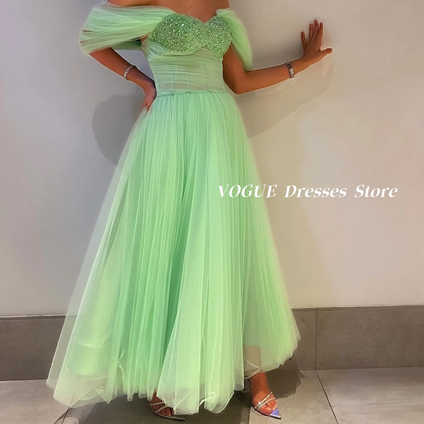 

Luxurious Sequins Tulle Evening Dresses Off Shoulder A Line Saudi Arabia Prom Gowns Party Dresses فساتين سهرة Customized
