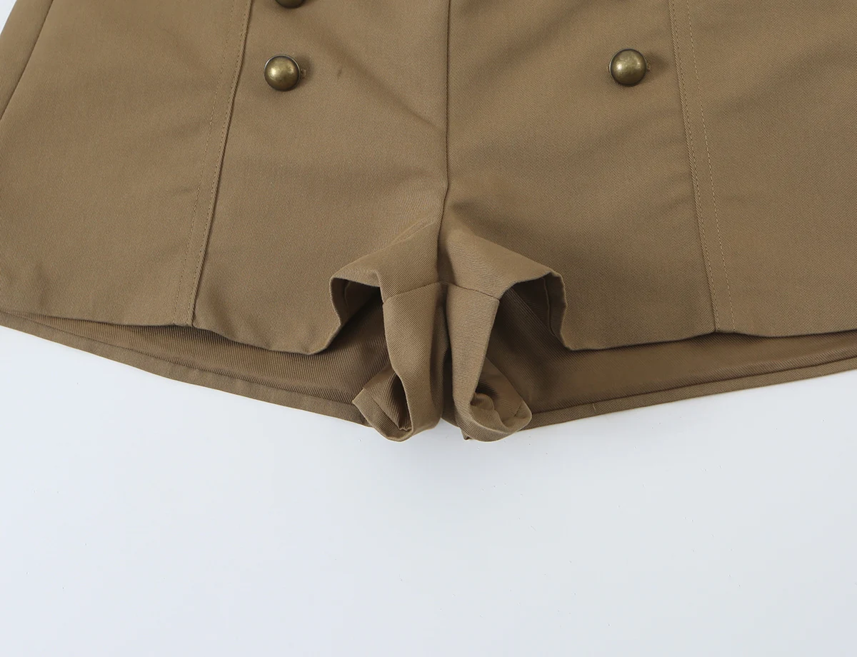 BSAY Herbst Damen Militärstil 2-teiliges Outfit Stehkragen Taschen Slim Jacke Doppelreihige Twill Mini-Shorts Passende Sets – Detail 23