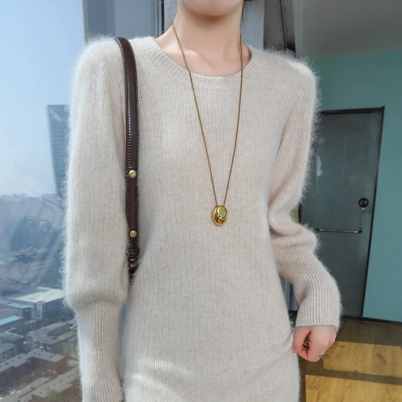 

Толстый мягкий 100% норковый кашемировый эластичный свитер с круглым вырезом, пуловер, женский трикотаж с длинными рукавами, базовое элегантное теплое длинное платье