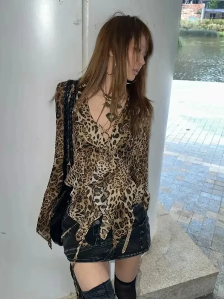 Deeptown Y2k Vintage Leopard Women Blouses Japanese Style Harajuku Ruffled Shirts Slim Grunge Sexy V-neck Irregular Aesthetics