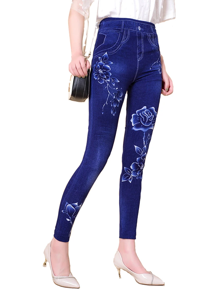 CUHAKCI Out Wear Peony Printed Tight ImiTation Denim Summer Women Pants Fitness Jeans High Stretch Seamless Fitness Yoga Legging