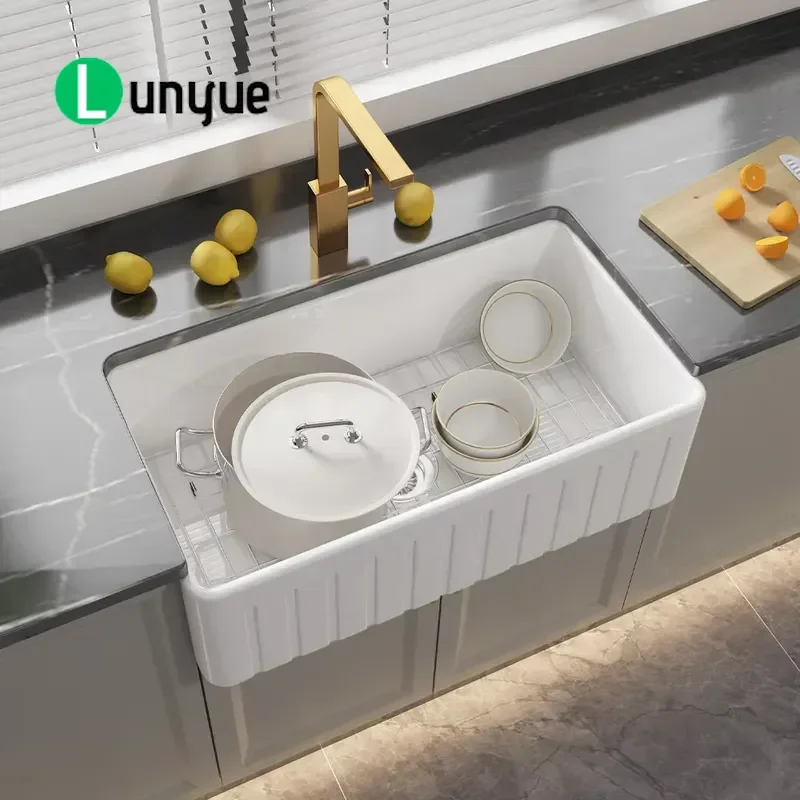 White Glossy Fireclay Ceramic Single Bowl Kitchen Sink Apron Front Farmhouse Design Handmade with Brass Drain 5 Year Warranty