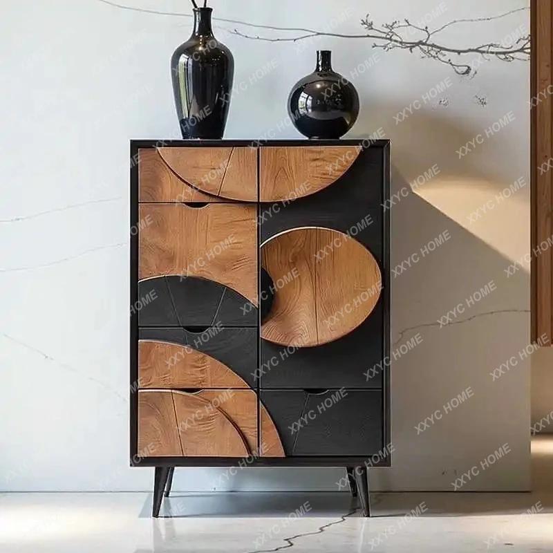 LMedieval style cherry wood bucket cabinet  cherry contrasting color light luxury art side cabinet storage cabinet