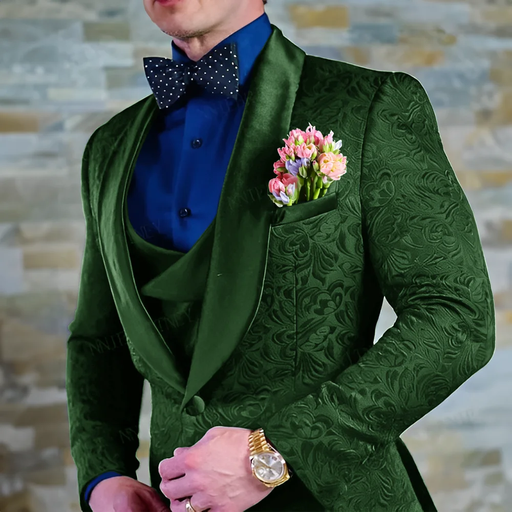 Costume bleu marine pour hommes, veste et pantalon en Jacquard, ensemble 3 pièces, smoking formel po