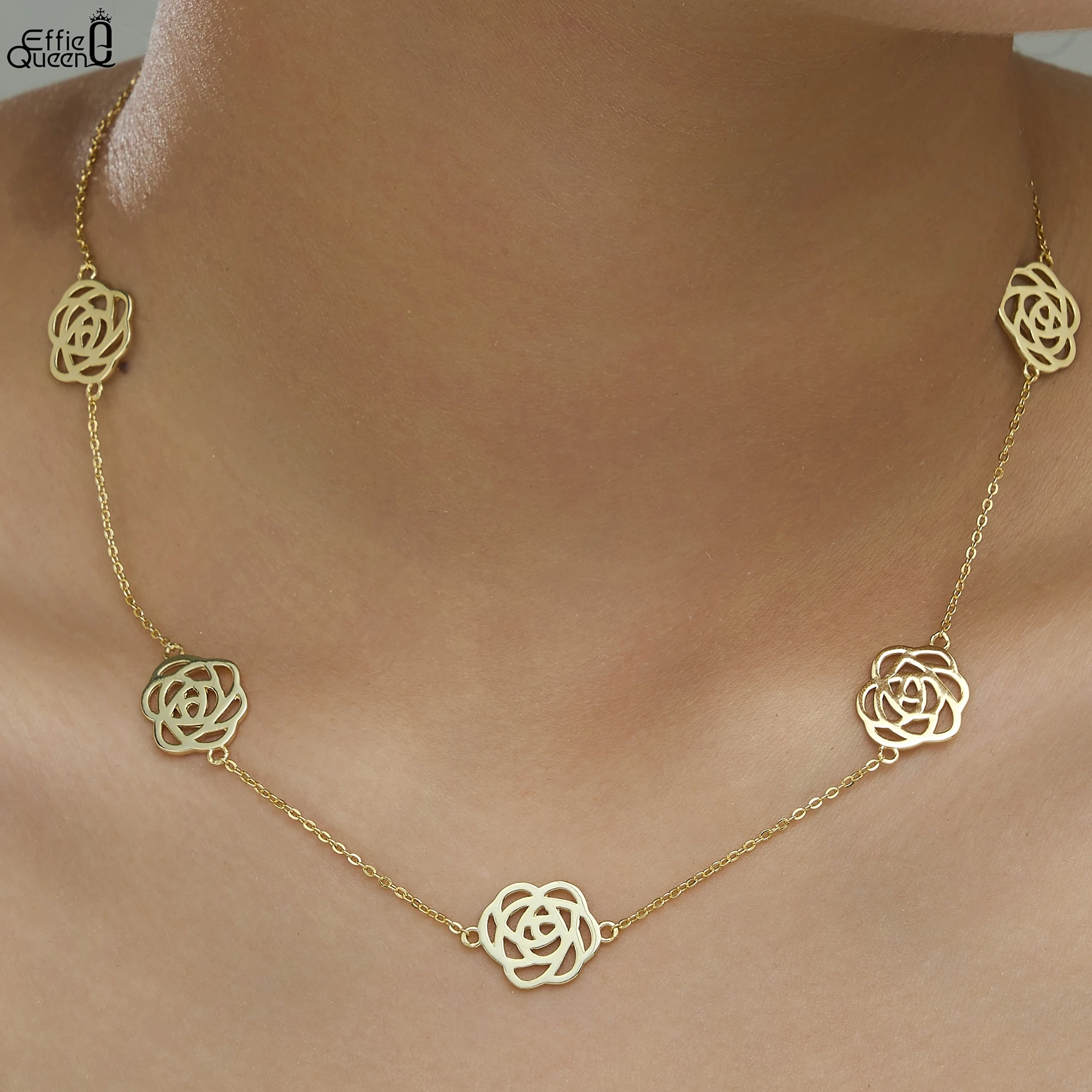 

Effie Queen из стерлингового серебра 925 пробы, золото 14 карат, цветочное колье-цепочка, ожерелье, ювелирные изделия для женщин, женский банкет, подарок на день рождения APN58