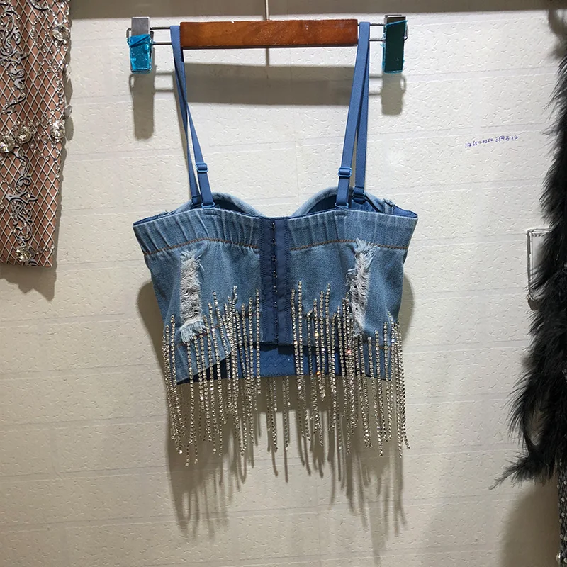 Moda z diamencikami i frędzlem biustonosz bez ramiączek kamizelka dżinsowa koszula kobiety Sexy klub nocny taniec kowboj Camisole Jeans krótki Top Ropa Mujer — zdjęcie 3