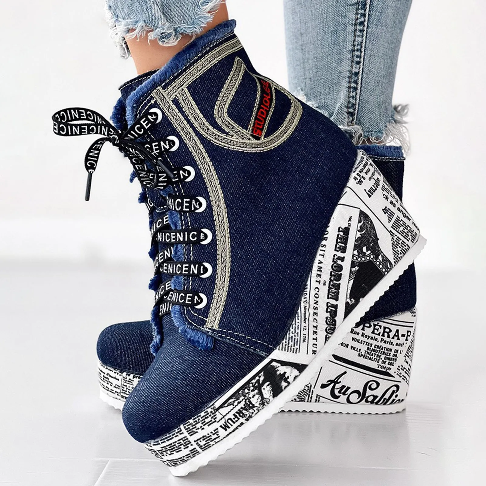 

New Fashion Women Graffiti Newspaper Bottom Personalised Slope Heel Cowboy Cloth Fashion Boots New Side Zip Ankle Boots