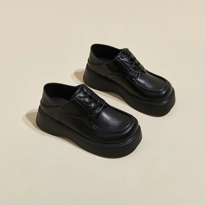 

Shoes Woman Leather Platform Wedges Oxfords Lace up Thick Bottom Loafers Vintage Round toe Heightening Shoes Casual Black Pump