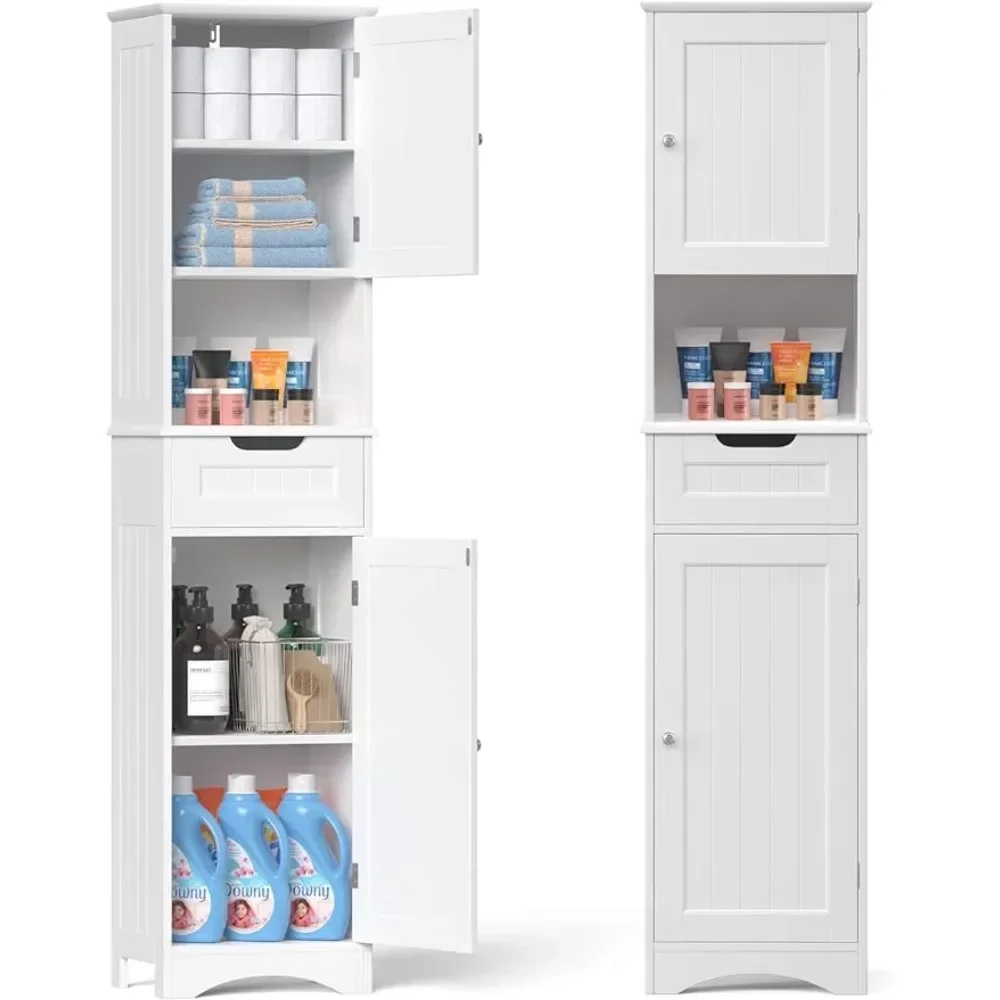 Tall Bathroom Storage Cabinet W/ 2 Doors & 1 Drawer, Adjustable Shelves, Anti-Tipping,White, 67