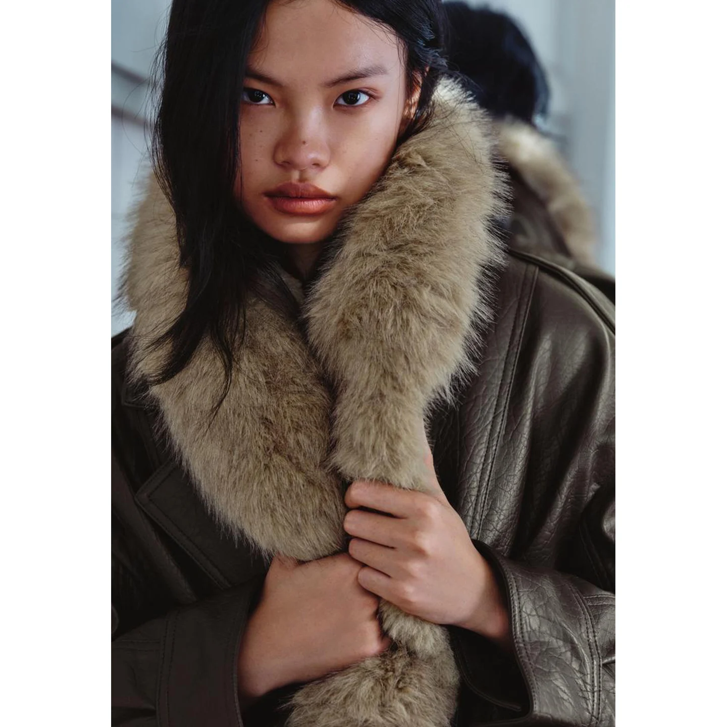 Inverno novo feminino couro do plutônio jaet longo sve gola destacável casaco solto ajuste europeu sle fibra de poliéster v-ne botão