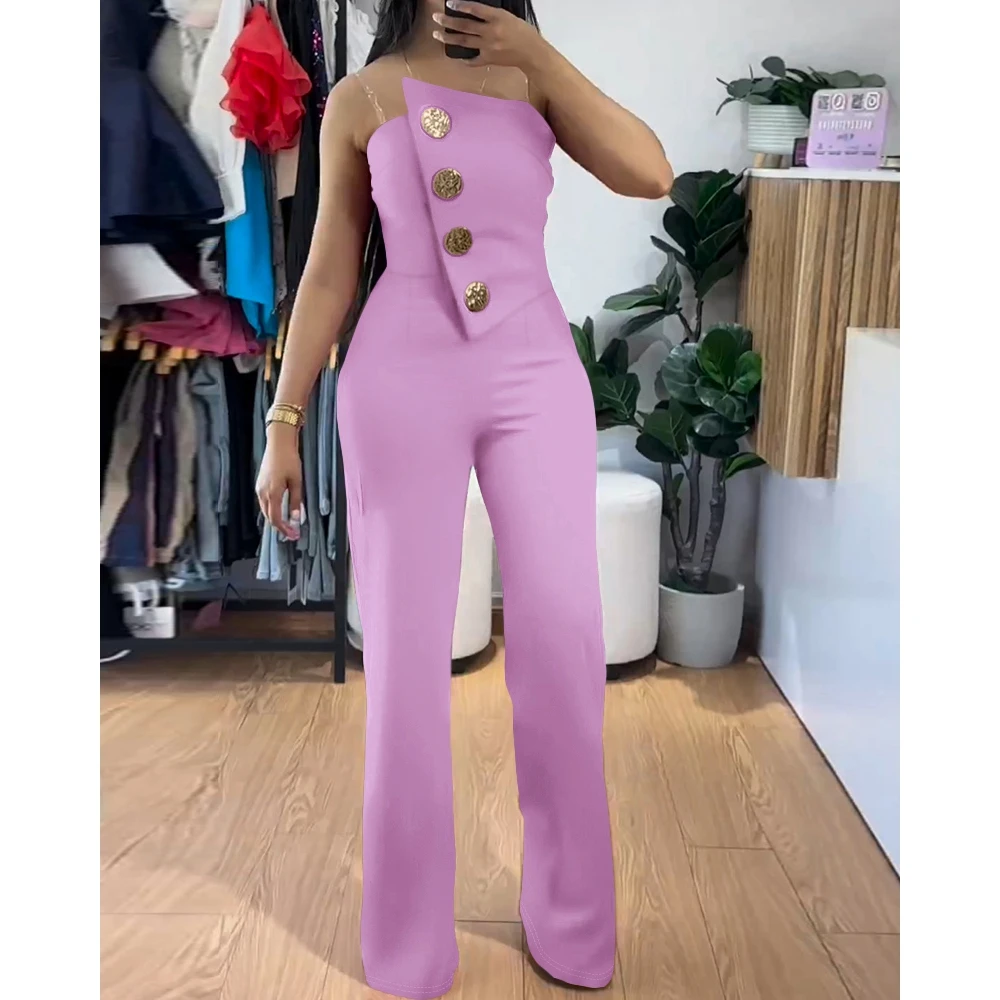 Women Asymmetrical Bandeau Strapless Skinny Jumpsuit Metal Button Decor Casual Overalls Elegant Outfits