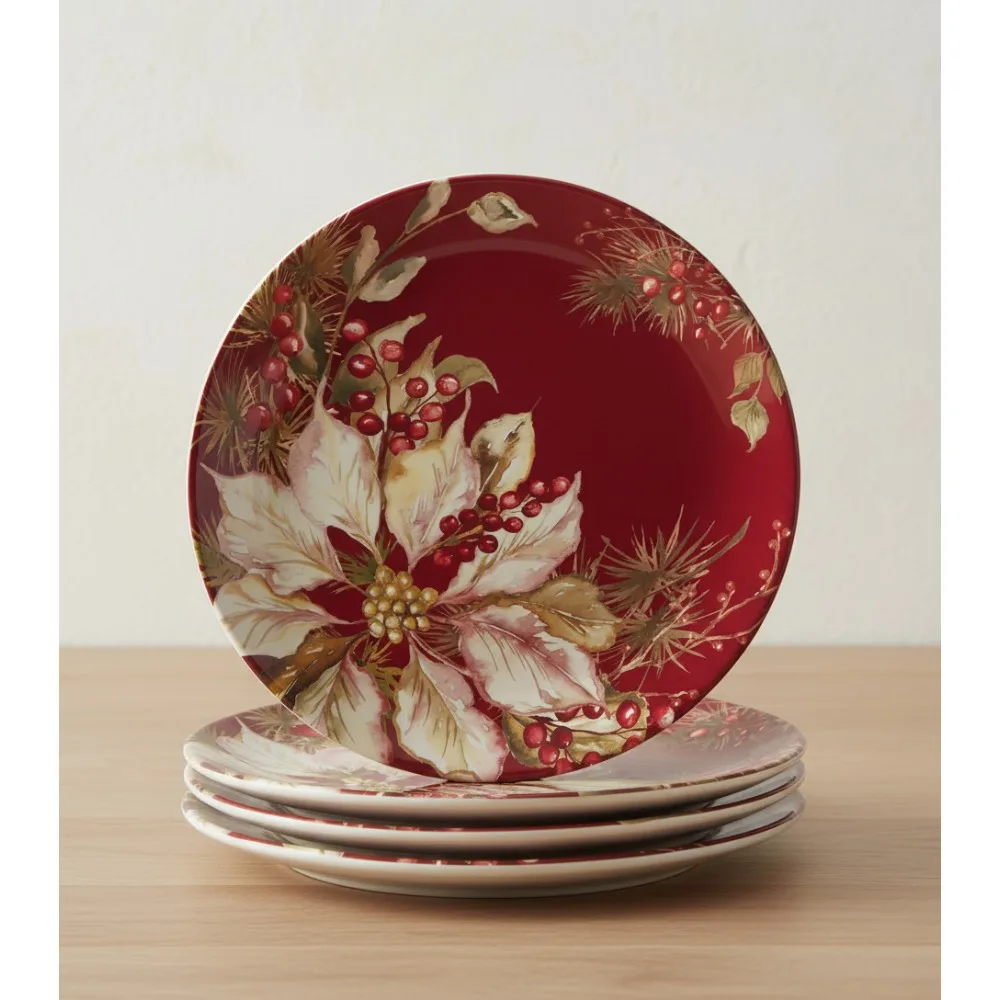 

11" Holiday Dinner Plates Set of 4, Festive Poinsettia Designs, Durable Earthenware for Family Dining & Entertaining