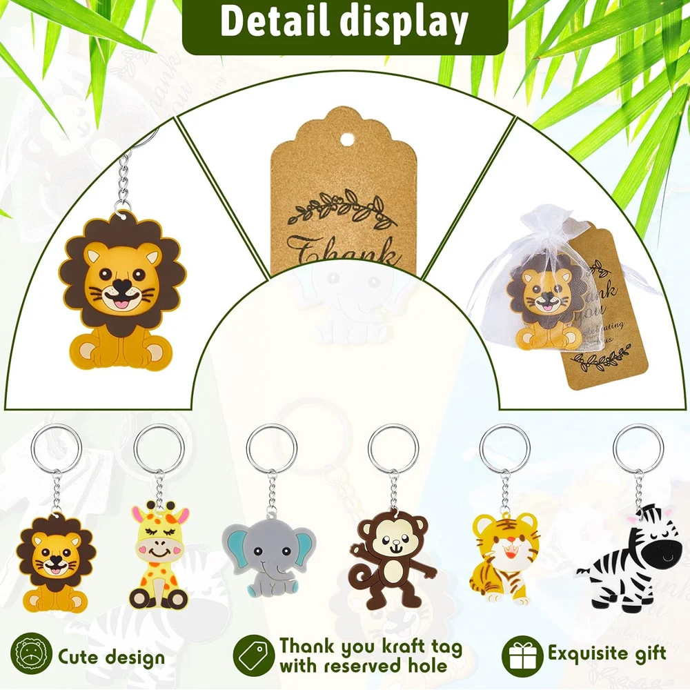 12 sets animal keychain party gifts with thank-you kraft paper labels organza bags  baby showers and birthday party decorations