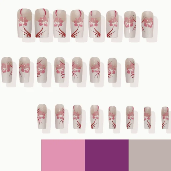 

24Pcs Mid-length Coffin Press On Nails, White French Tips with Pink Flower Print Fake Nails for Spring Summer