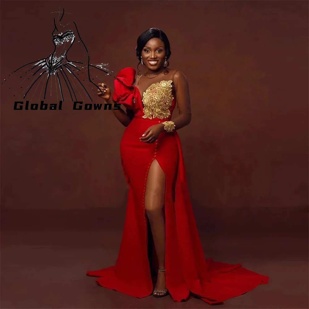 

African Aso Ebi Style Evening Dress Plus Size High Slit Formal Party Gown Long Sleeves Appliques Wedding Guest Gowns Customized