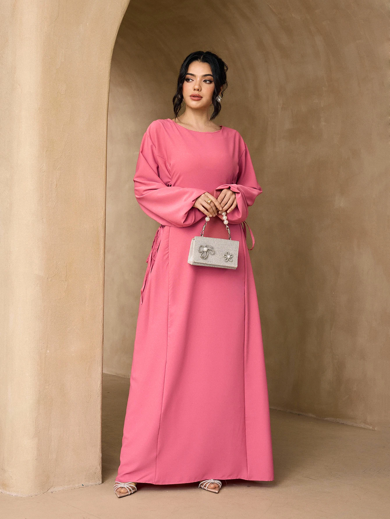 Solid 2‑Piece Abaya with Matching Hijab, Side Lace‑Up Long Sleeve Maxi Robe, Elegant Modest Muslim Women Islamic Outfit