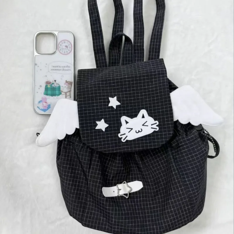Embroidery Cat Backpacks Back To School Grid Y2K Star Wing Backpacks Versatile Symbol Drawstring Rope Large Capacity Backpacks
